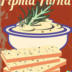 DALL·E 2023-03-10 19.20.10 - Focaccia with rosemary + bowl of hummus commercial , retro style poster 1950